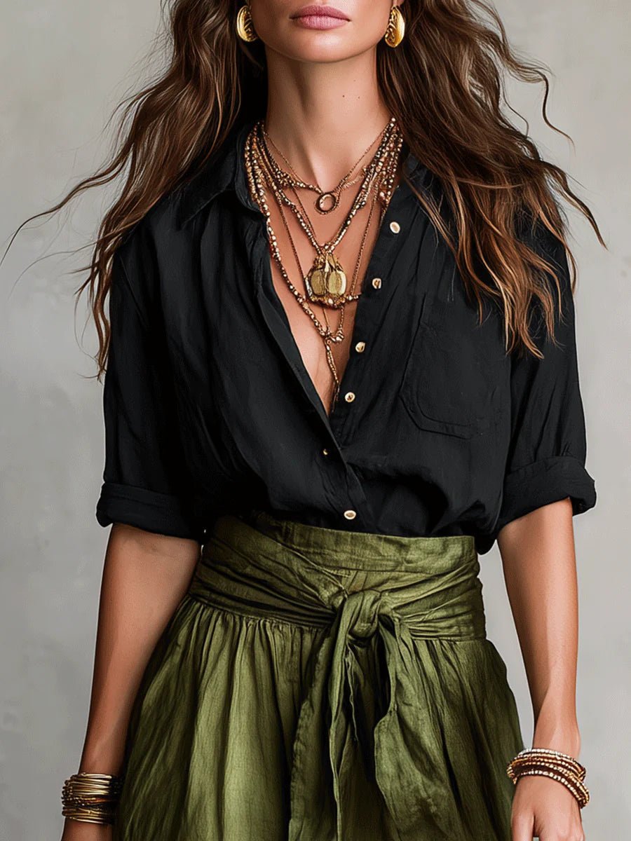Celestine │ Women's Button-Up Shirt And High-Waist Tie Maxi Skirt Two-Piece Set