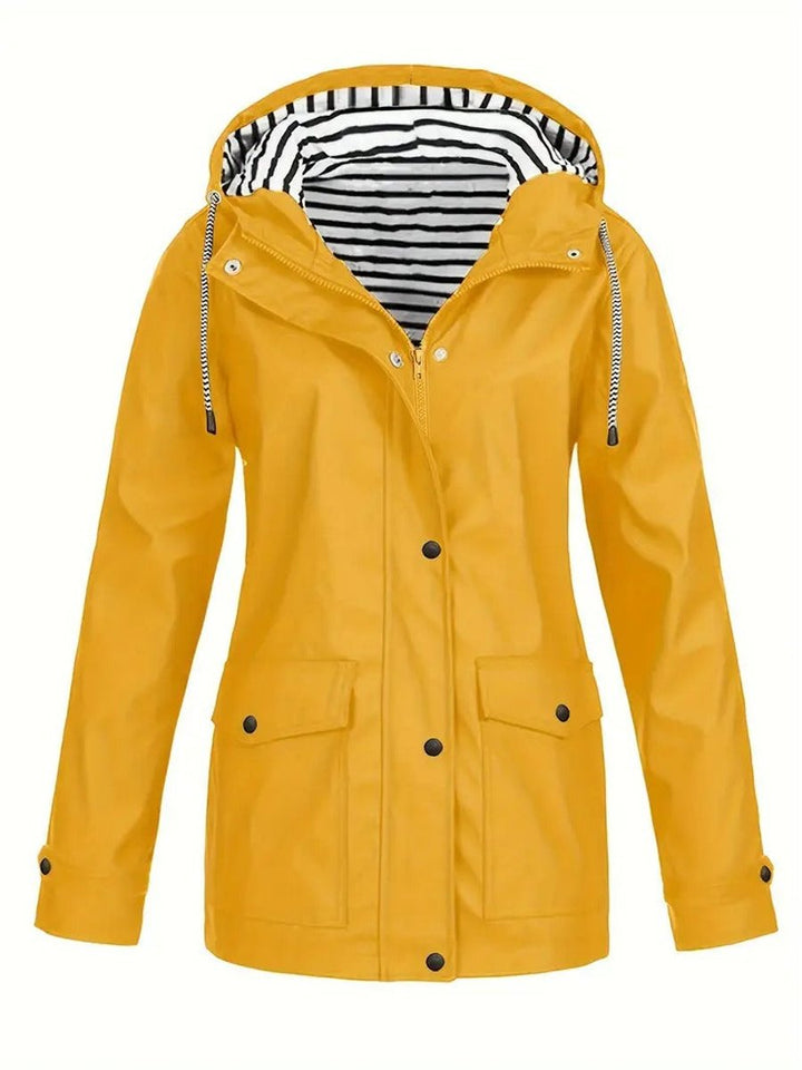 Women's Hooded Waterproof Striped-Lined Raincoat Coat - Yellow
