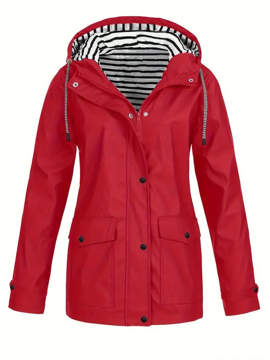 Women's Hooded Waterproof Striped-Lined Raincoat Coat - Red