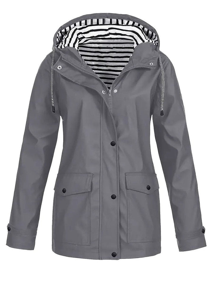 Women's Hooded Waterproof Striped-Lined Raincoat Coat - Grey
