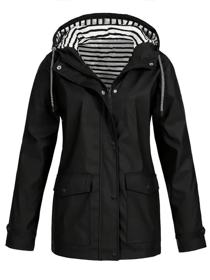 Women's Hooded Waterproof Striped-Lined Raincoat Coat - Black