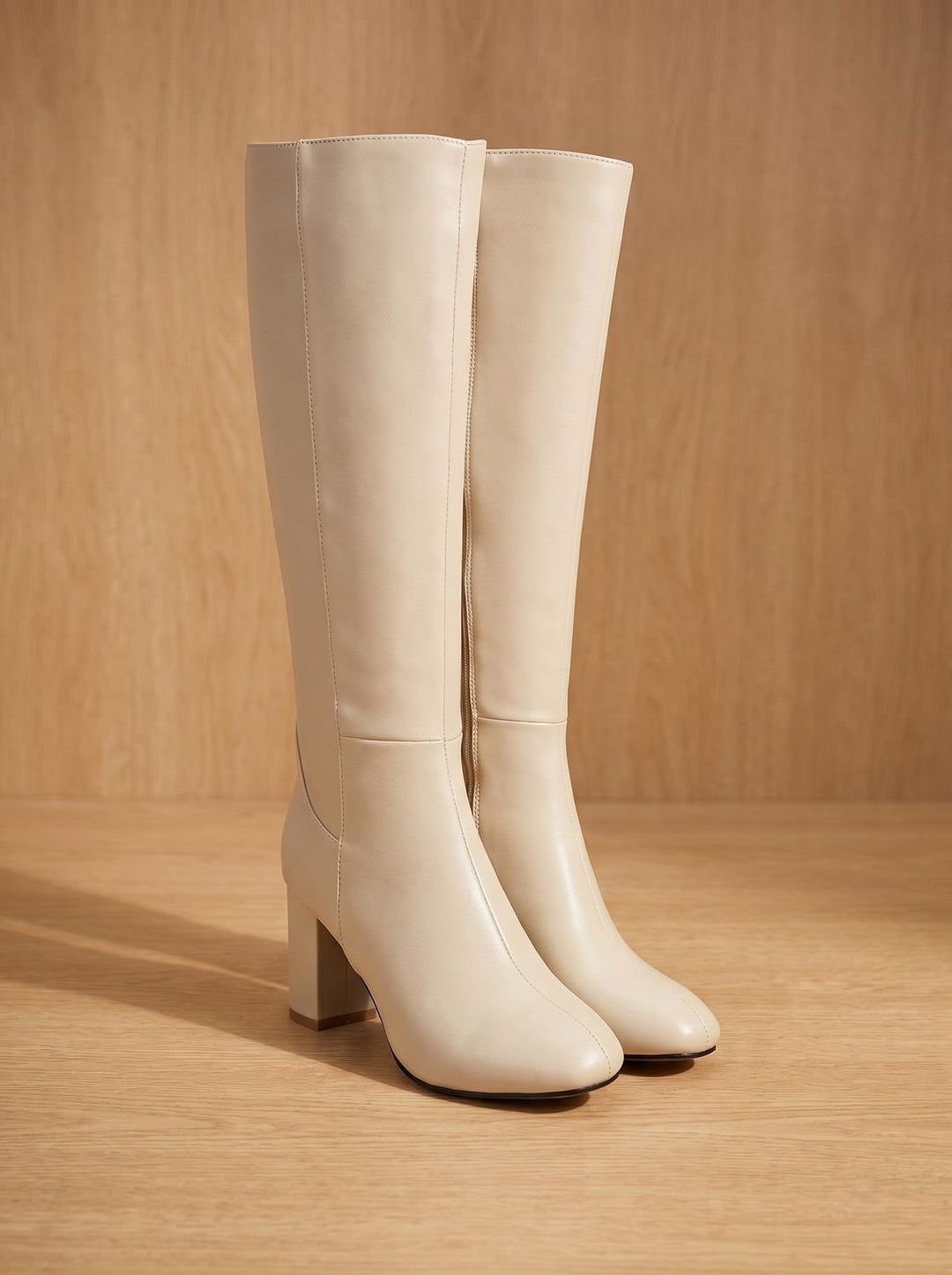 Women's Knee High Boots Block-Heel Side-Zip Faux Leather - Beige