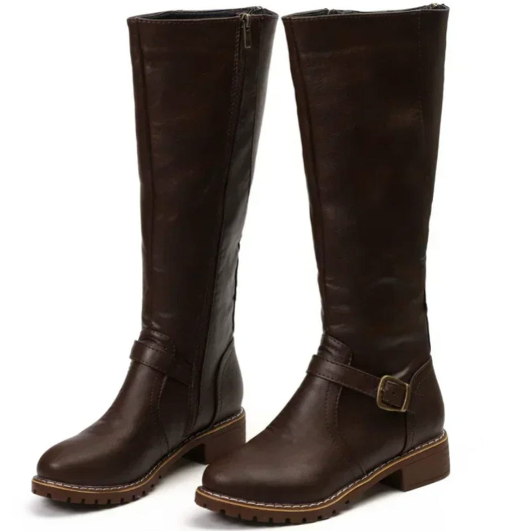 Women's Knee-High Buckle-Strap Riding Leather Boots