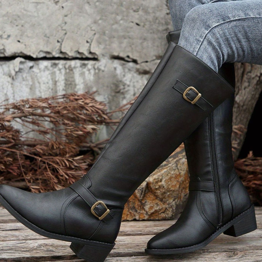 Women's Knee-High Riding Boots Buckle-Detail Side-Zip Low Heel - Black