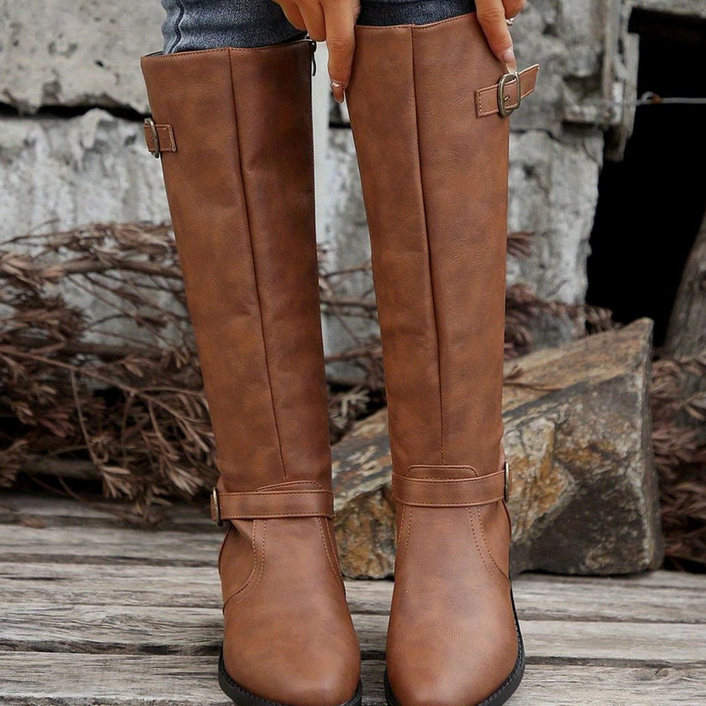 Women's Knee-High Riding Boots Buckle-Detail Side-Zip Low Heel