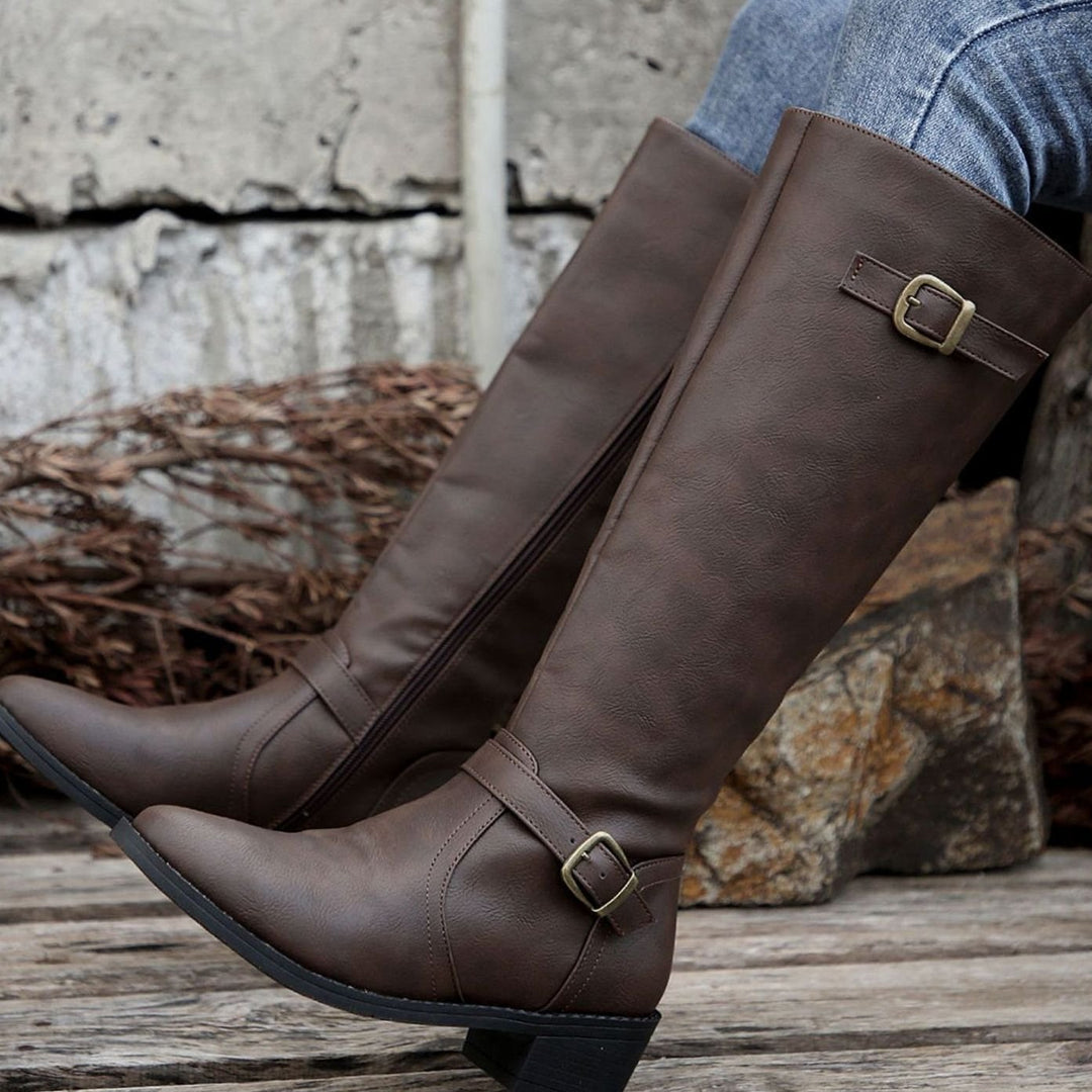 Women's Knee-High Riding Boots Buckle-Detail Side-Zip Low Heel