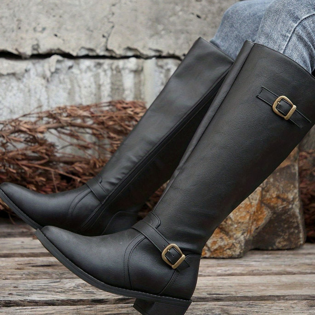 Women's Knee-High Riding Boots Buckle-Detail Side-Zip Low Heel