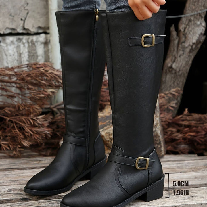 Women's Knee-High Riding Boots Buckle-Detail Side-Zip Low Heel