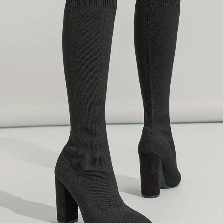 Women's Knitted Knee-High Sock Boots Block Heel
