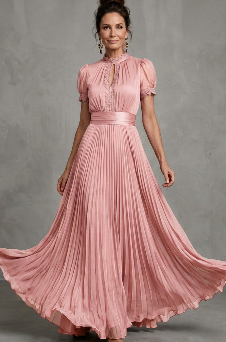 Women's Lace-Trim Pleated Maxi Dress Puff Sleeve Keyhole Gown - Blush Pink