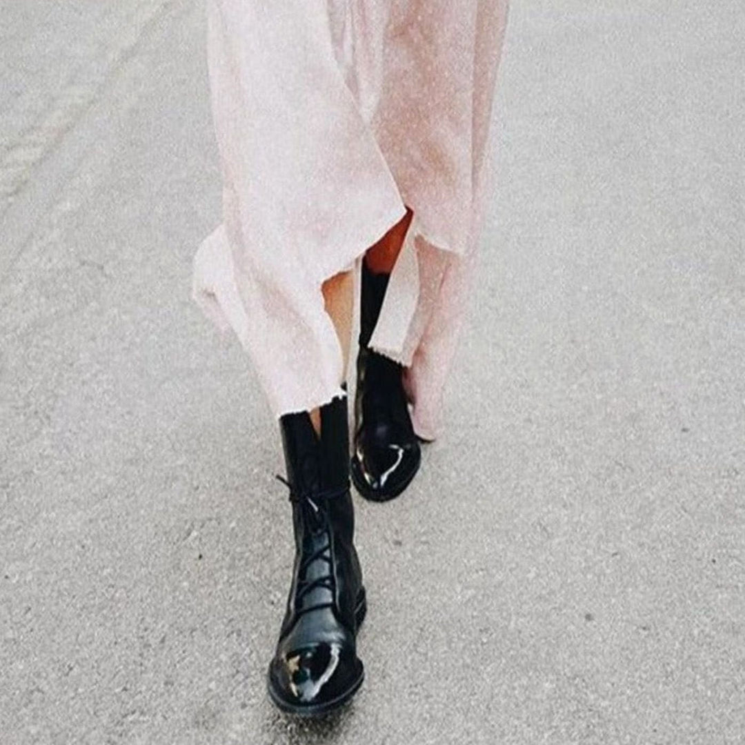 Women's Lace-Up Combat Style Boots Cap-Toe Mid-Calf