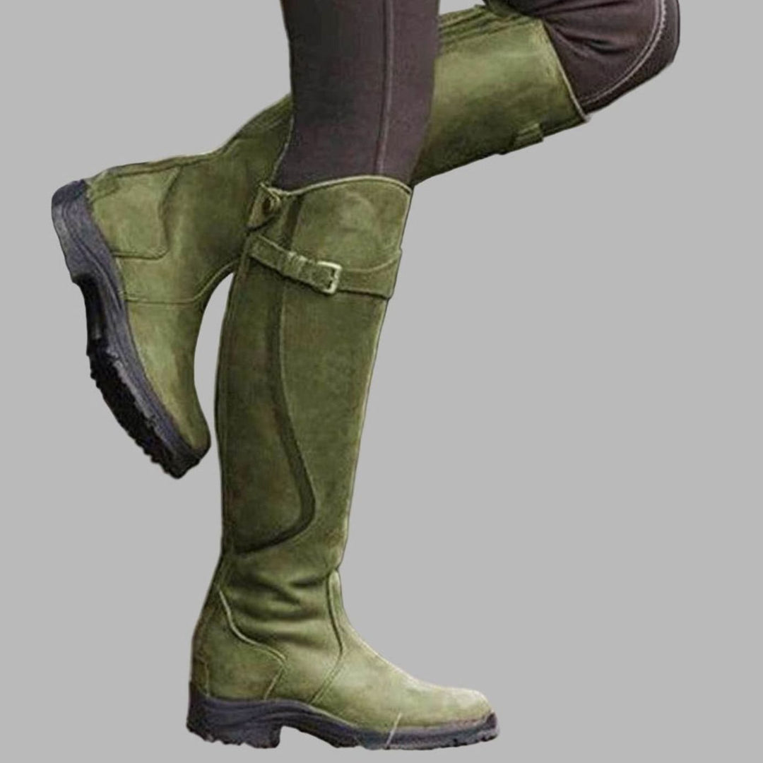 Women's Leather Knee-High Buckle Strap Hiking Boots - Green