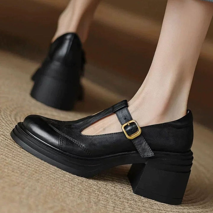 Women's Leather T-Strap Shoes Block Heel Round Toe Pumps - Black