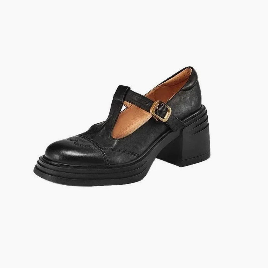 Women's Leather T-Strap Shoes Block Heel Round Toe Pumps