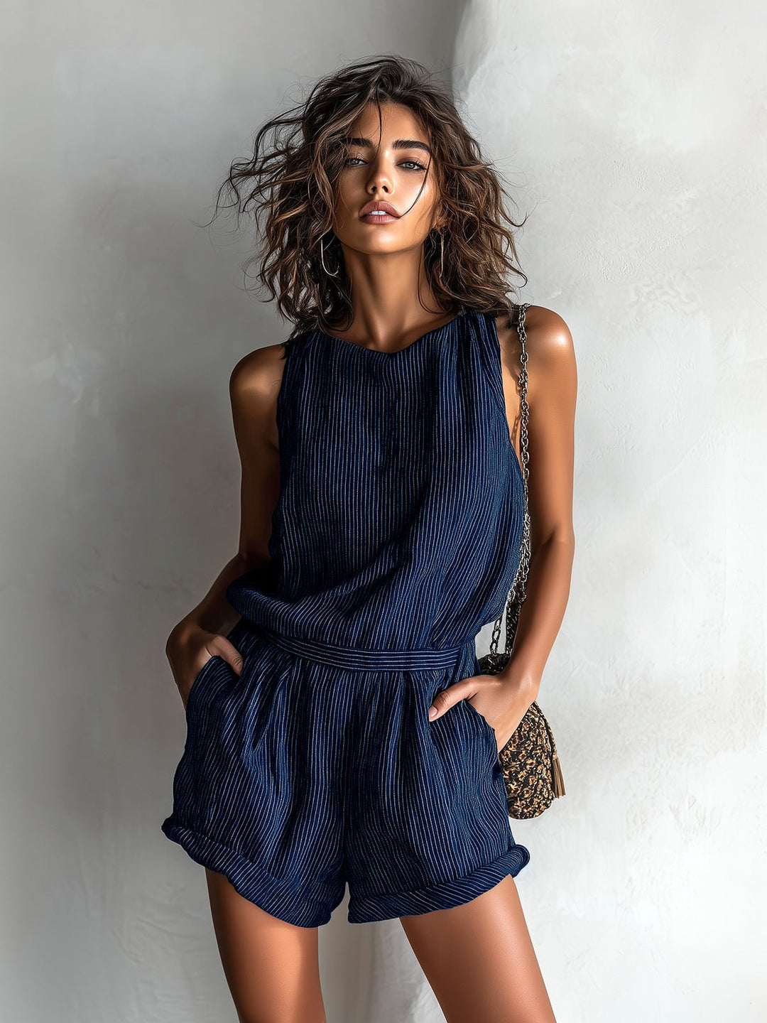 Elowen │ Women's Linen Blend Sleeveless Romper With Round Neck And Side Pockets