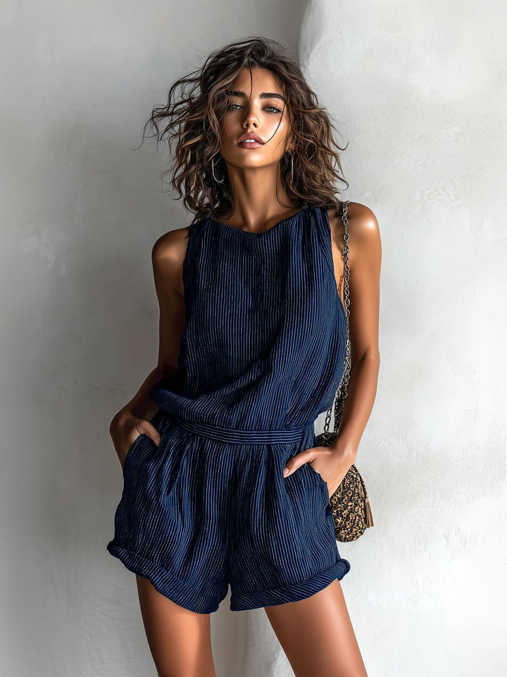 Elowen │ Women's Linen Blend Sleeveless Romper With Round Neck And Side Pockets