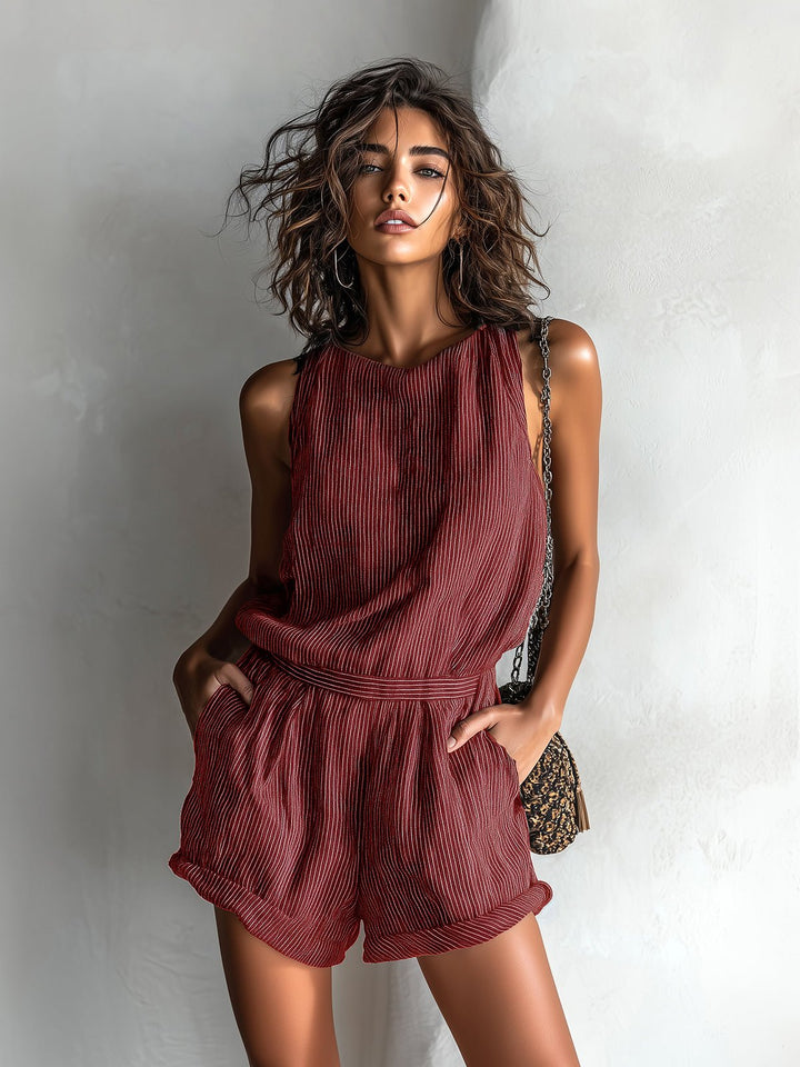 Elowen │ Women's Linen Blend Sleeveless Romper With Round Neck And Side Pockets