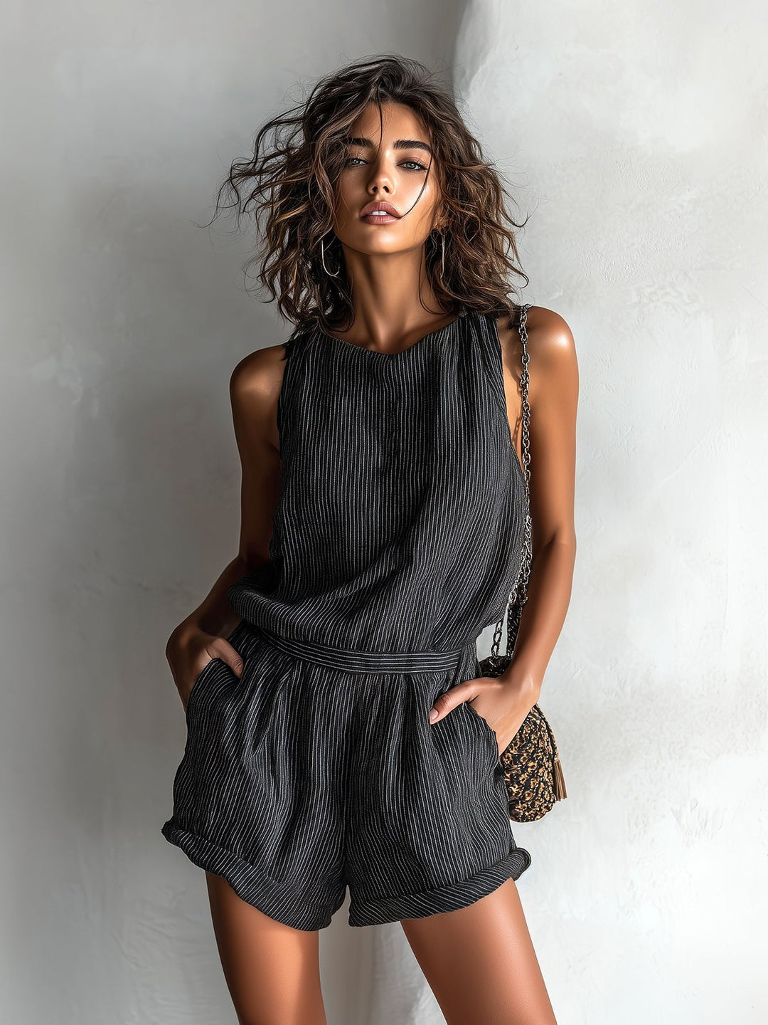 Elowen │ Women's Linen Blend Sleeveless Romper With Round Neck And Side Pockets