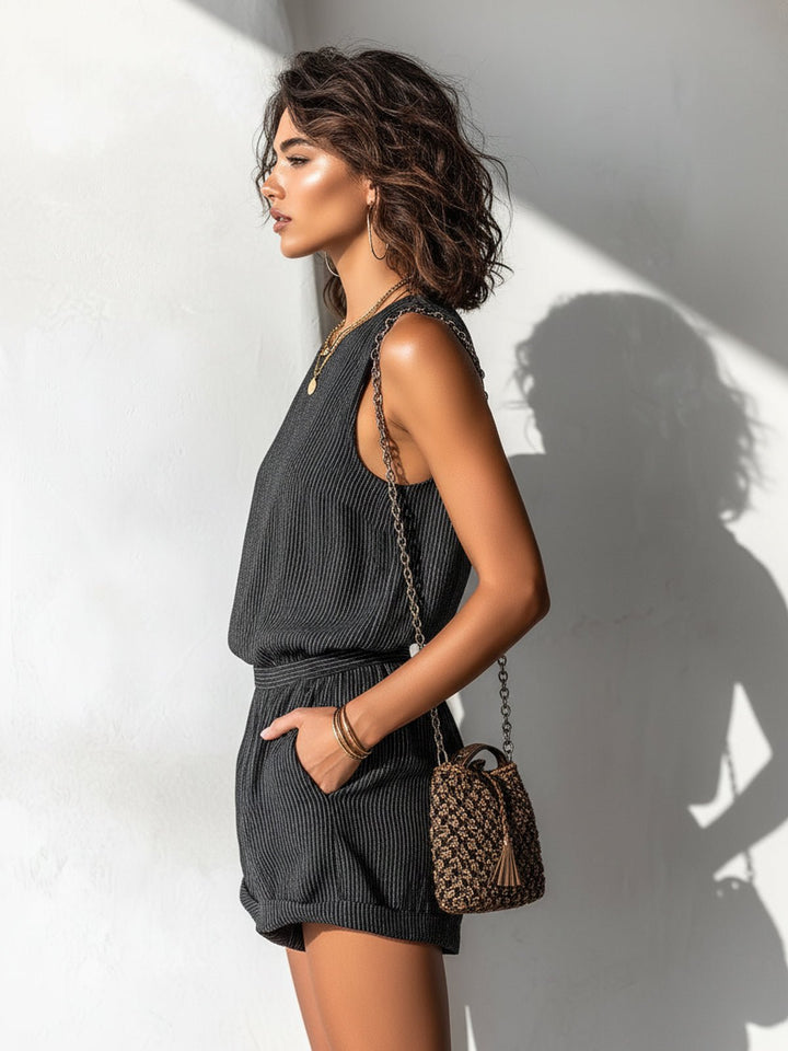 Elowen │ Women's Linen Blend Sleeveless Romper With Round Neck And Side Pockets