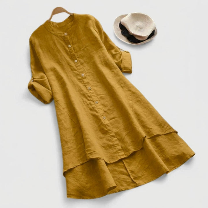 Martha │ Women's Linen Button Front Asymmetric Hem Shirt Dress