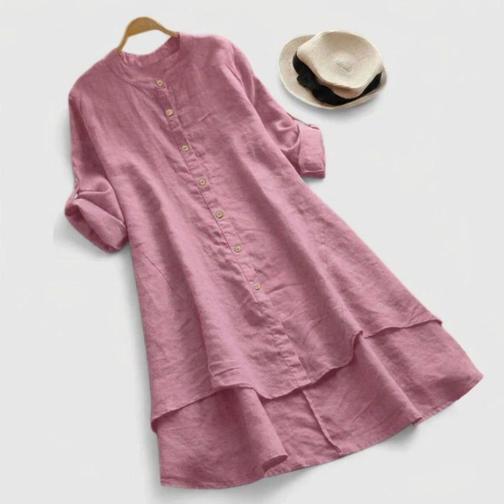 Martha │ Women's Linen Button Front Asymmetric Hem Shirt Dress