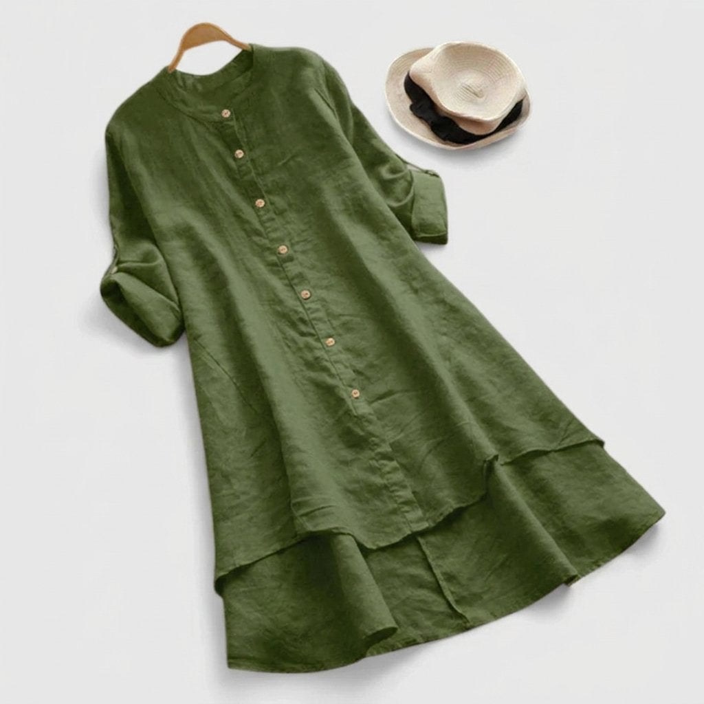 Martha │ Women's Linen Button Front Asymmetric Hem Shirt Dress