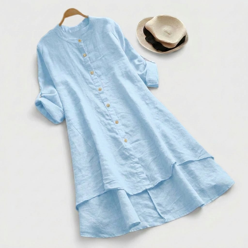 Martha │ Women's Linen Button Front Asymmetric Hem Shirt Dress