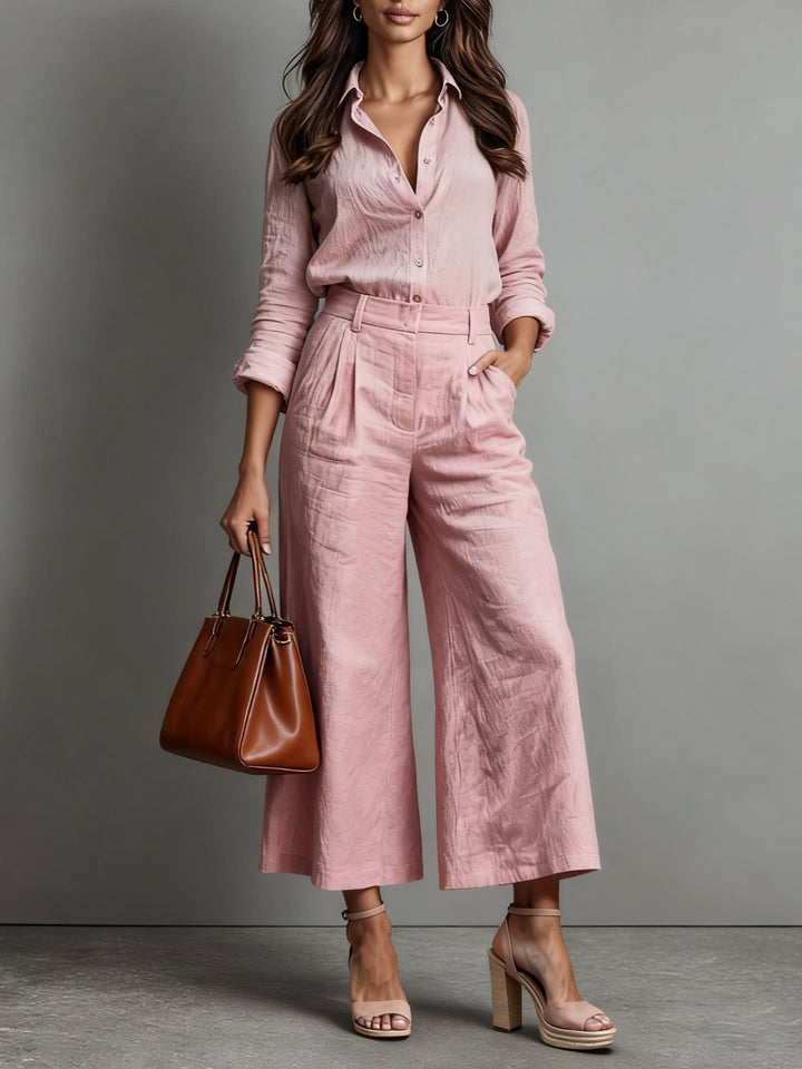 Sophia | Women's Linen Button-Down Wide-Leg Cropped Co-ord Set
