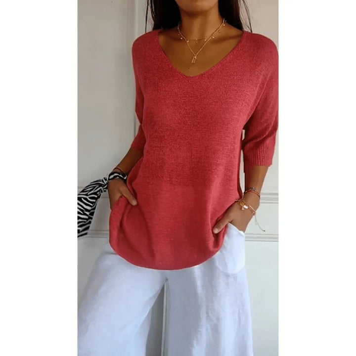Sandra │ Women's Linen V-Neck Three-Quarter Sleeve Relaxed Knit Top