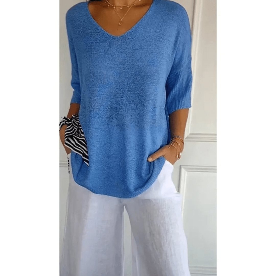 Sandra │ Women's Linen V-Neck Three-Quarter Sleeve Relaxed Knit Top