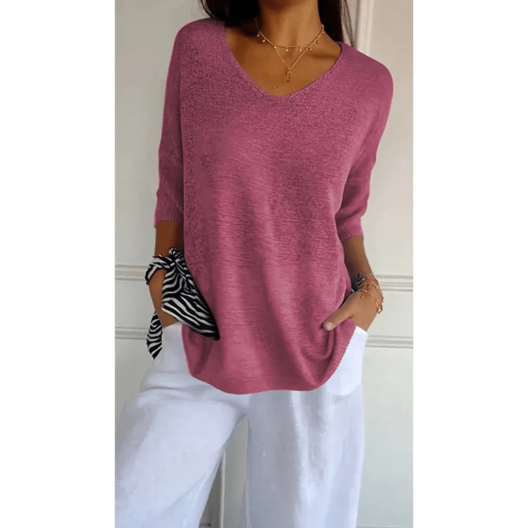 Sandra │ Women's Linen V-Neck Three-Quarter Sleeve Relaxed Knit Top