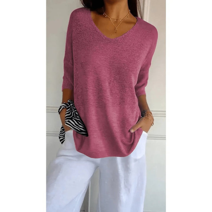Sandra │ Women's Linen V-Neck Three-Quarter Sleeve Relaxed Knit Top
