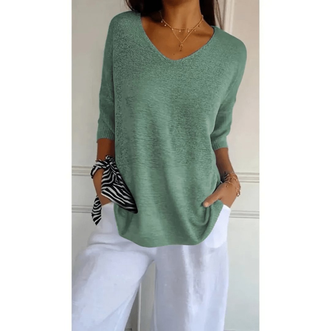 Sandra │ Women's Linen V-Neck Three-Quarter Sleeve Relaxed Knit Top
