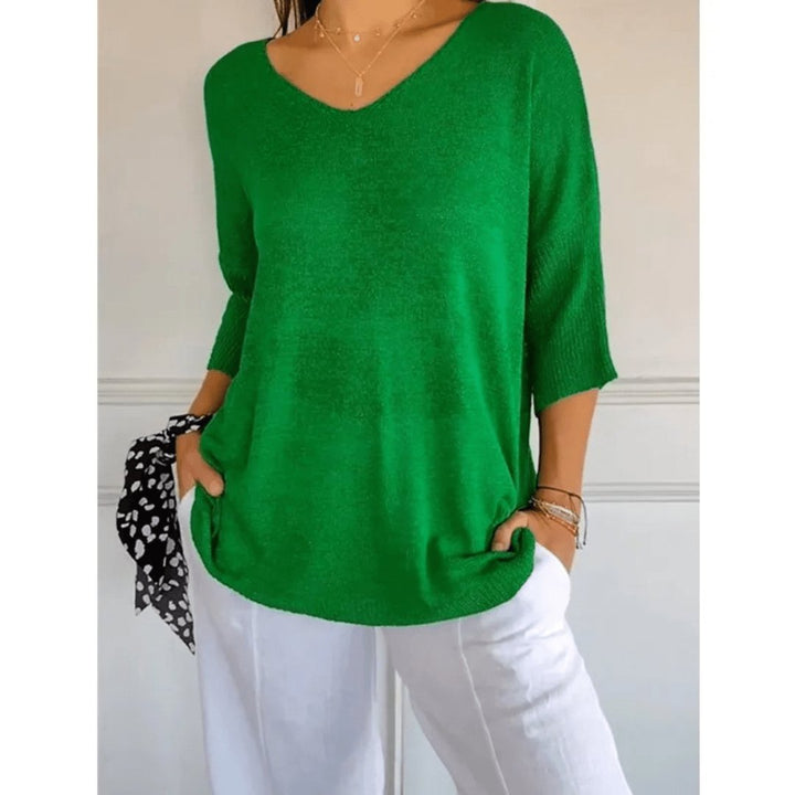Sandra │ Women's Linen V-Neck Three-Quarter Sleeve Relaxed Knit Top