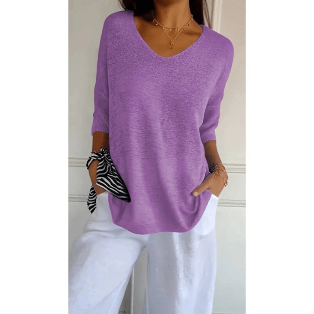 Sandra │ Women's Linen V-Neck Three-Quarter Sleeve Relaxed Knit Top
