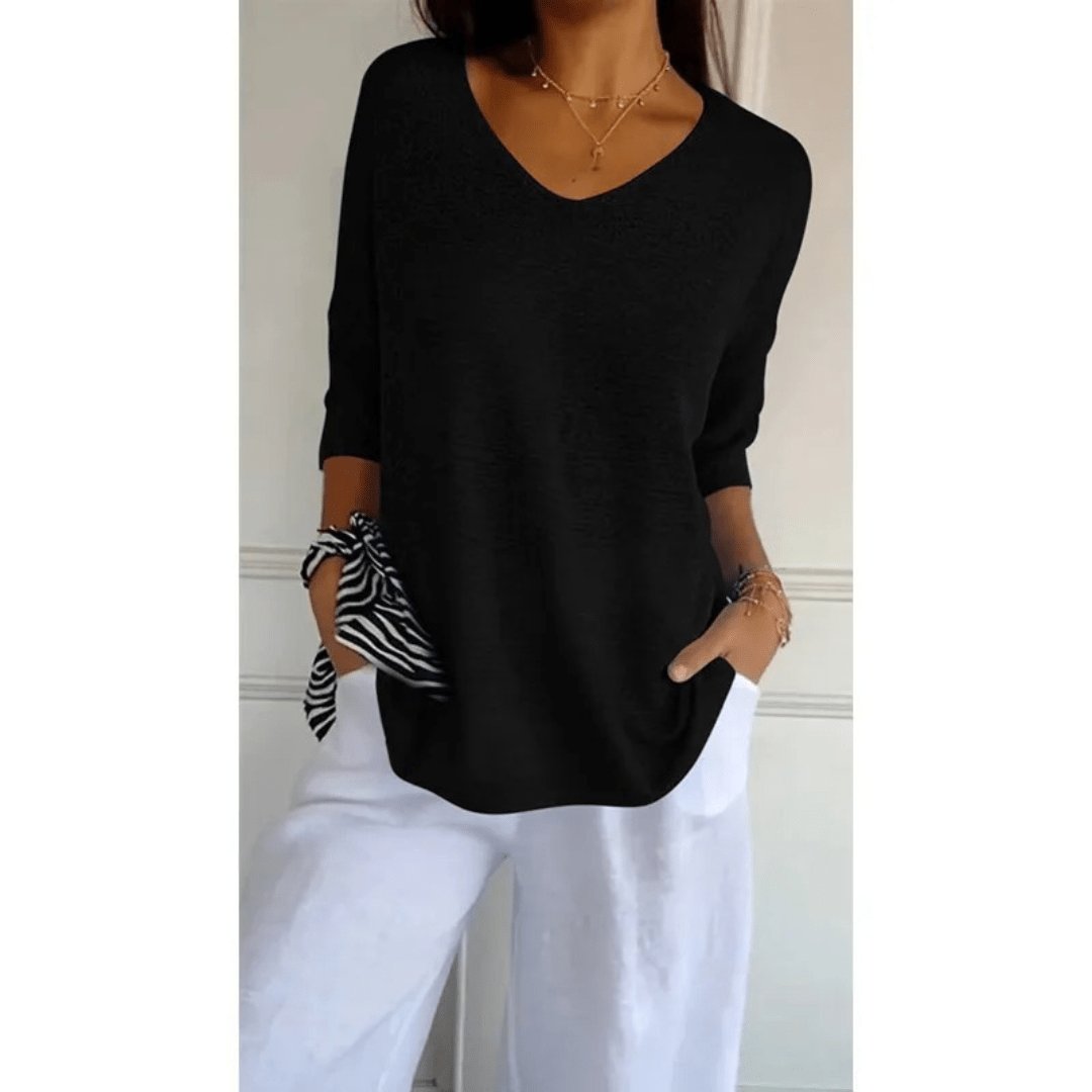 Sandra │ Women's Linen V-Neck Three-Quarter Sleeve Relaxed Knit Top