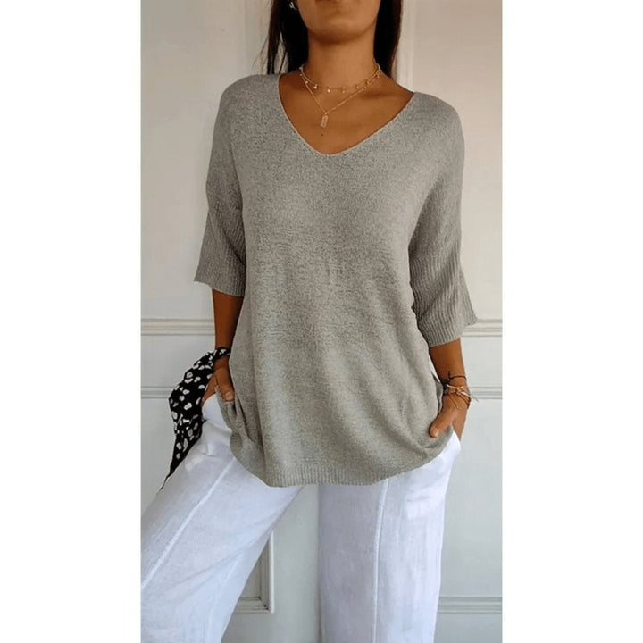 Sandra │ Women's Linen V-Neck Three-Quarter Sleeve Relaxed Knit Top