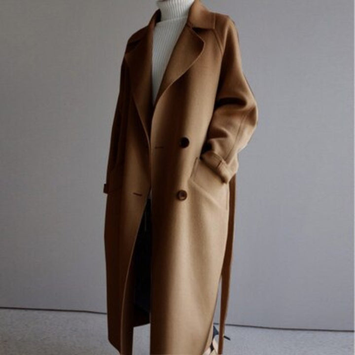 Women's Long Double-Breasted Wool-Blend Trench Coat - Caramel