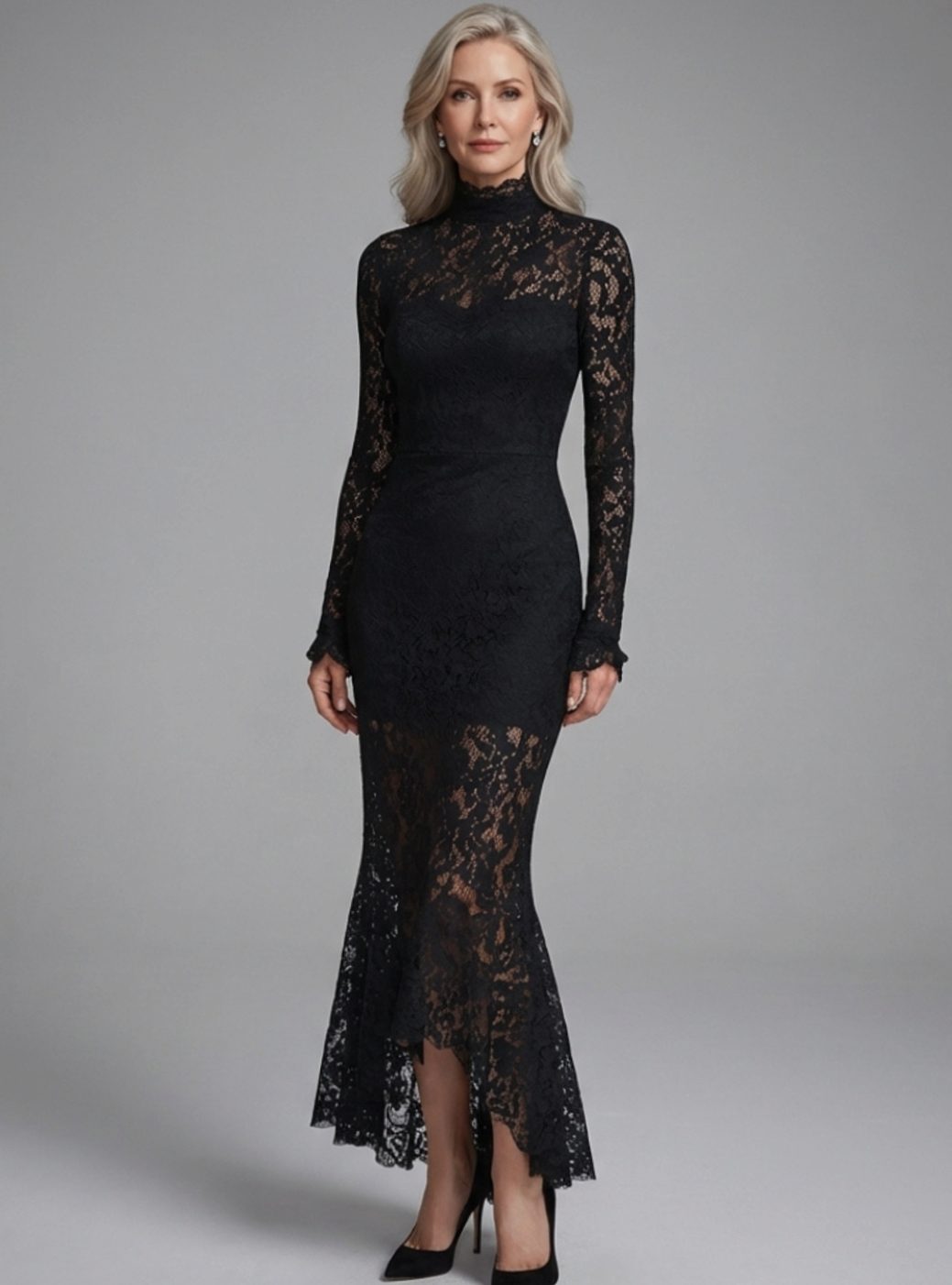 Women's Long Sleeve Mock-Neck Lace Cocktail Dress - Black