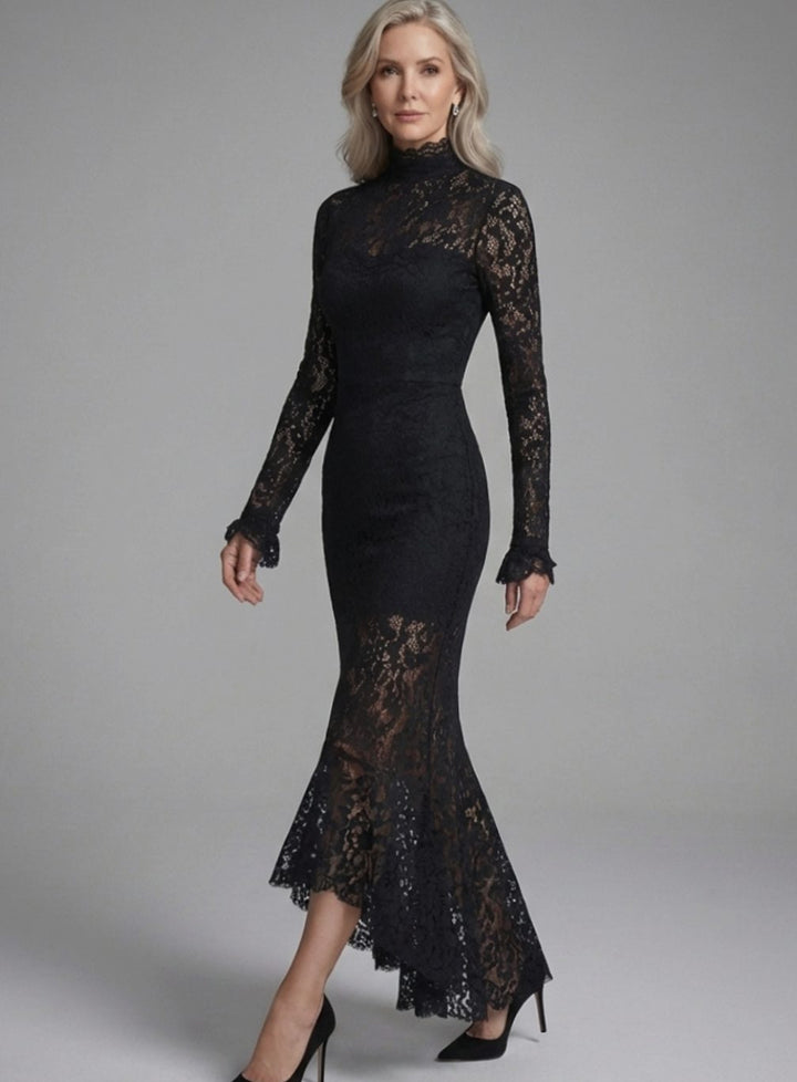 Women's Long Sleeve Mock-Neck Lace Cocktail Dress