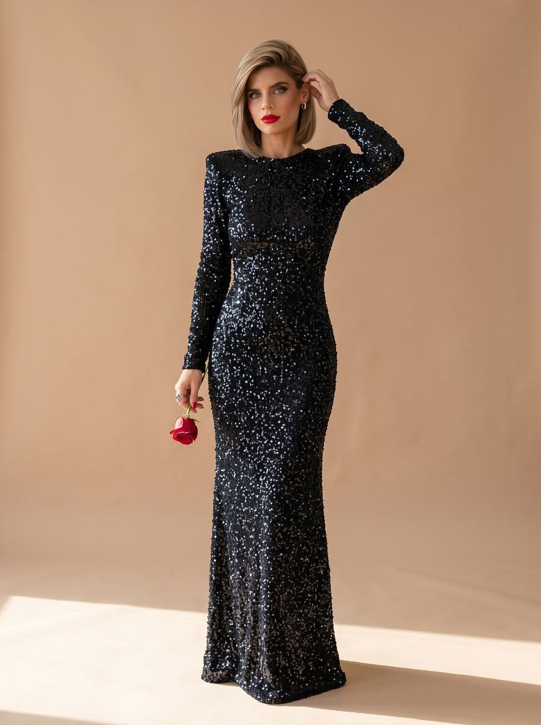 Women's Long-Sleeve Open-Back Sequin Maxi Dress