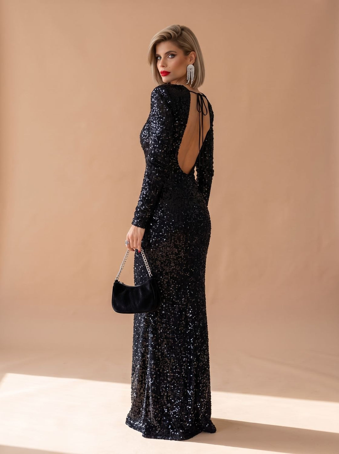 Women's Long-Sleeve Open-Back Sequin Maxi Dress