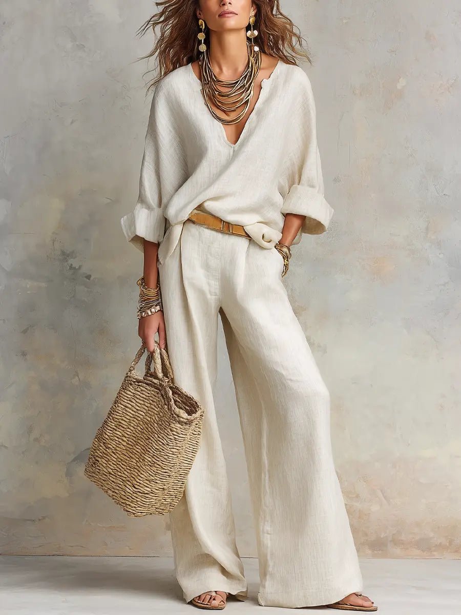 Arabella │ Women's Linen V-Neck Oversized Top And Wide-Leg Trousers Two-Piece Set
