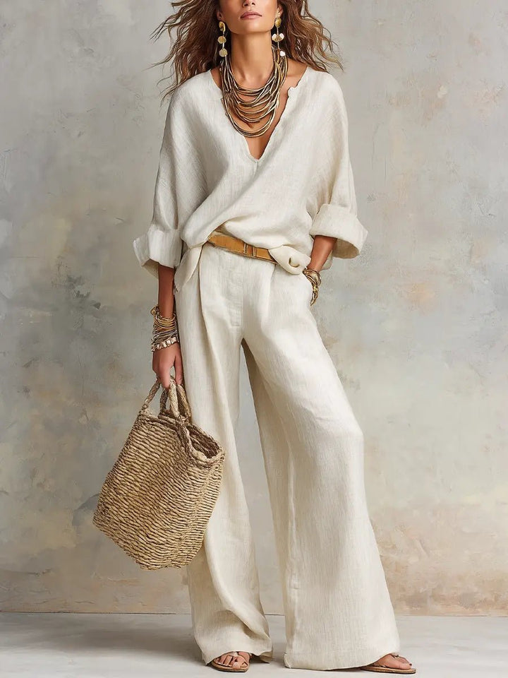 Arabella │ Women's Linen V-Neck Oversized Top And Wide-Leg Trousers Two-Piece Set