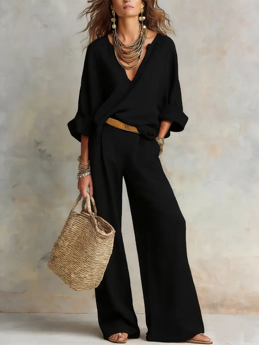 Arabella │ Women's Linen V-Neck Oversized Top And Wide-Leg Trousers Two-Piece Set
