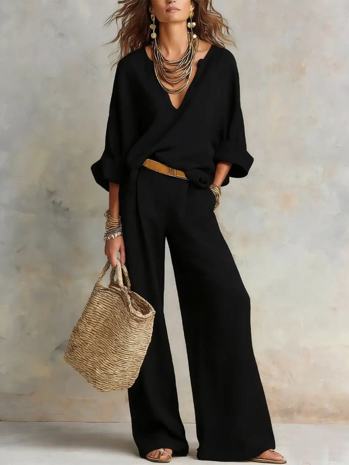 Arabella │ Women's Linen V-Neck Oversized Top And Wide-Leg Trousers Two-Piece Set