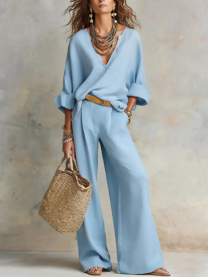 Arabella │ Women's Linen V-Neck Oversized Top And Wide-Leg Trousers Two-Piece Set