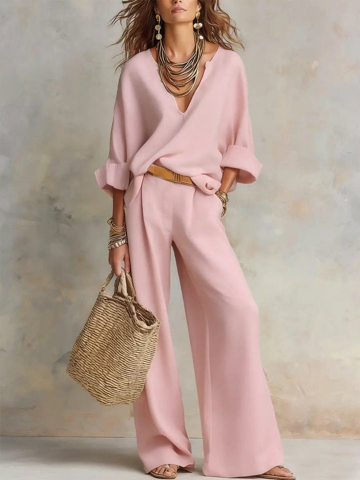 Arabella │ Women's Linen V-Neck Oversized Top And Wide-Leg Trousers Two-Piece Set