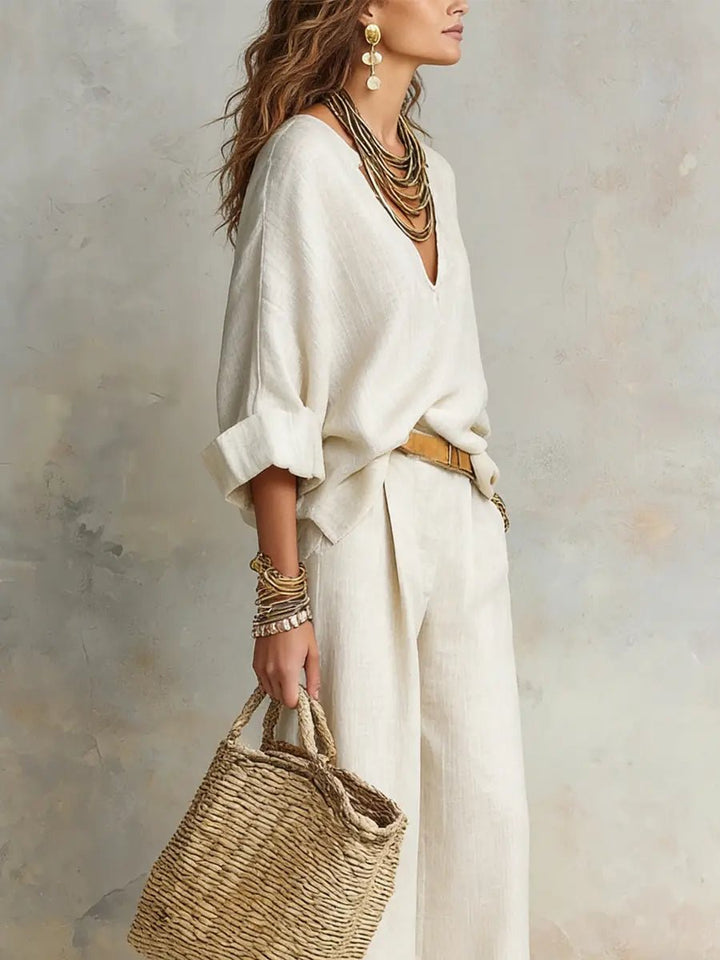 Arabella │ Women's Linen V-Neck Oversized Top And Wide-Leg Trousers Two-Piece Set