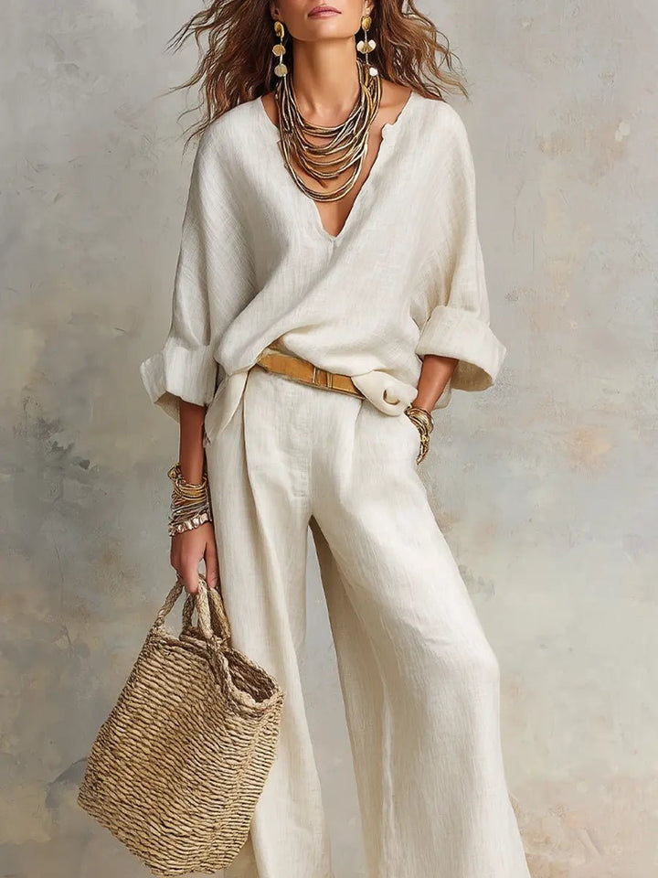 Arabella │ Women's Linen V-Neck Oversized Top And Wide-Leg Trousers Two-Piece Set
